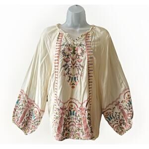 Sundance Botanica Embroidered Balloon Sleeve Blouse Womens Size Med Boho Peasant